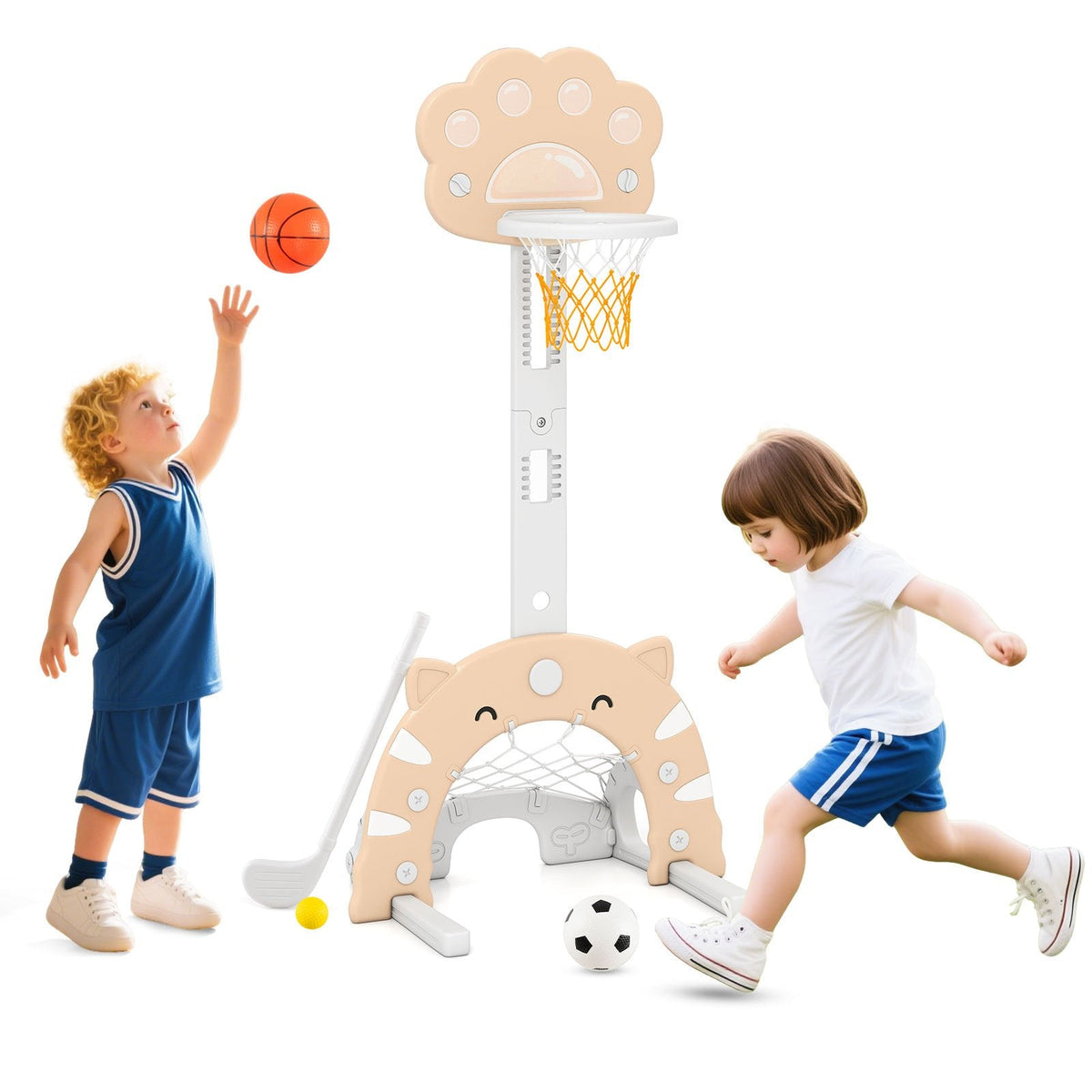3 in 1 Kids Basketball Hoop with Basketball and Foldable Rim-Beige