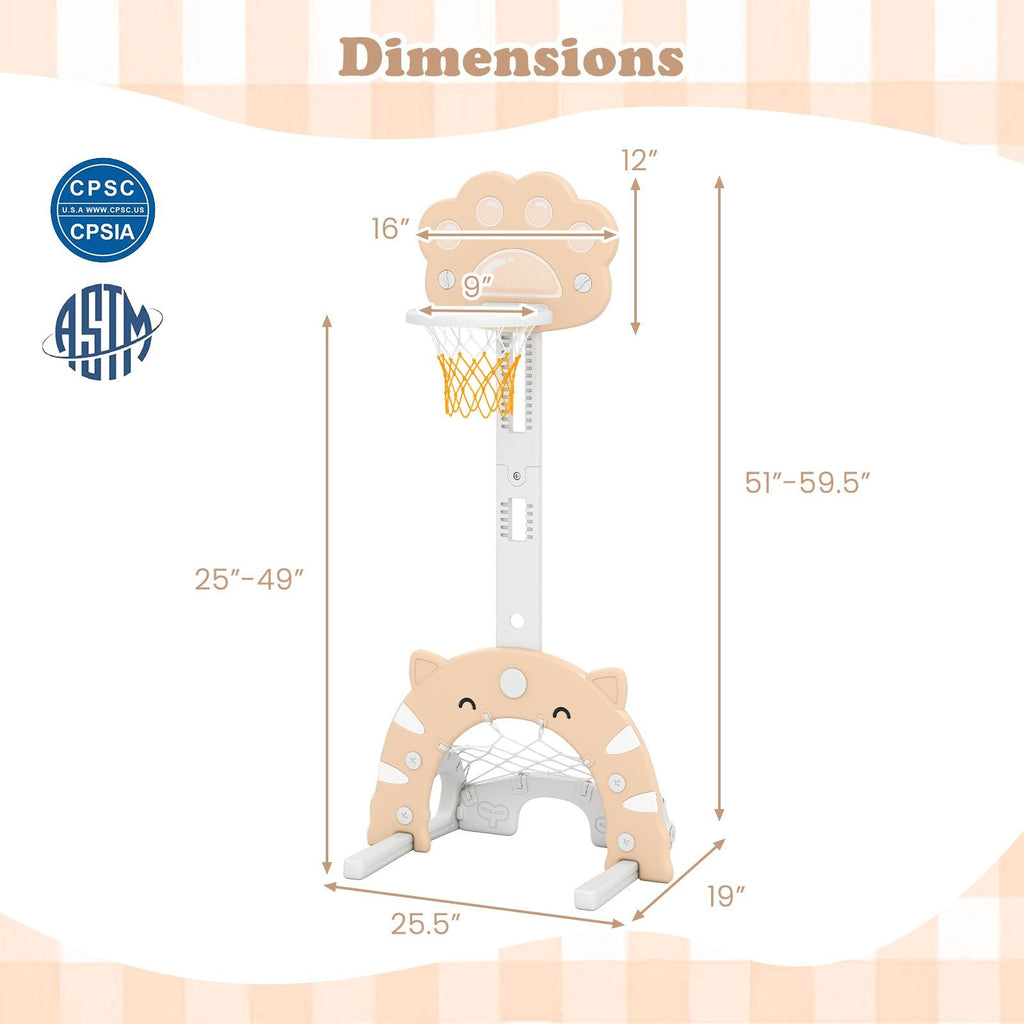 3 in 1 Kids Basketball Hoop with Basketball and Foldable Rim-Beige