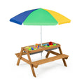 3 in 1 Kids Outdoor Picnic Table with Water and Sand Play Boxes and Umbrella, Multicolour