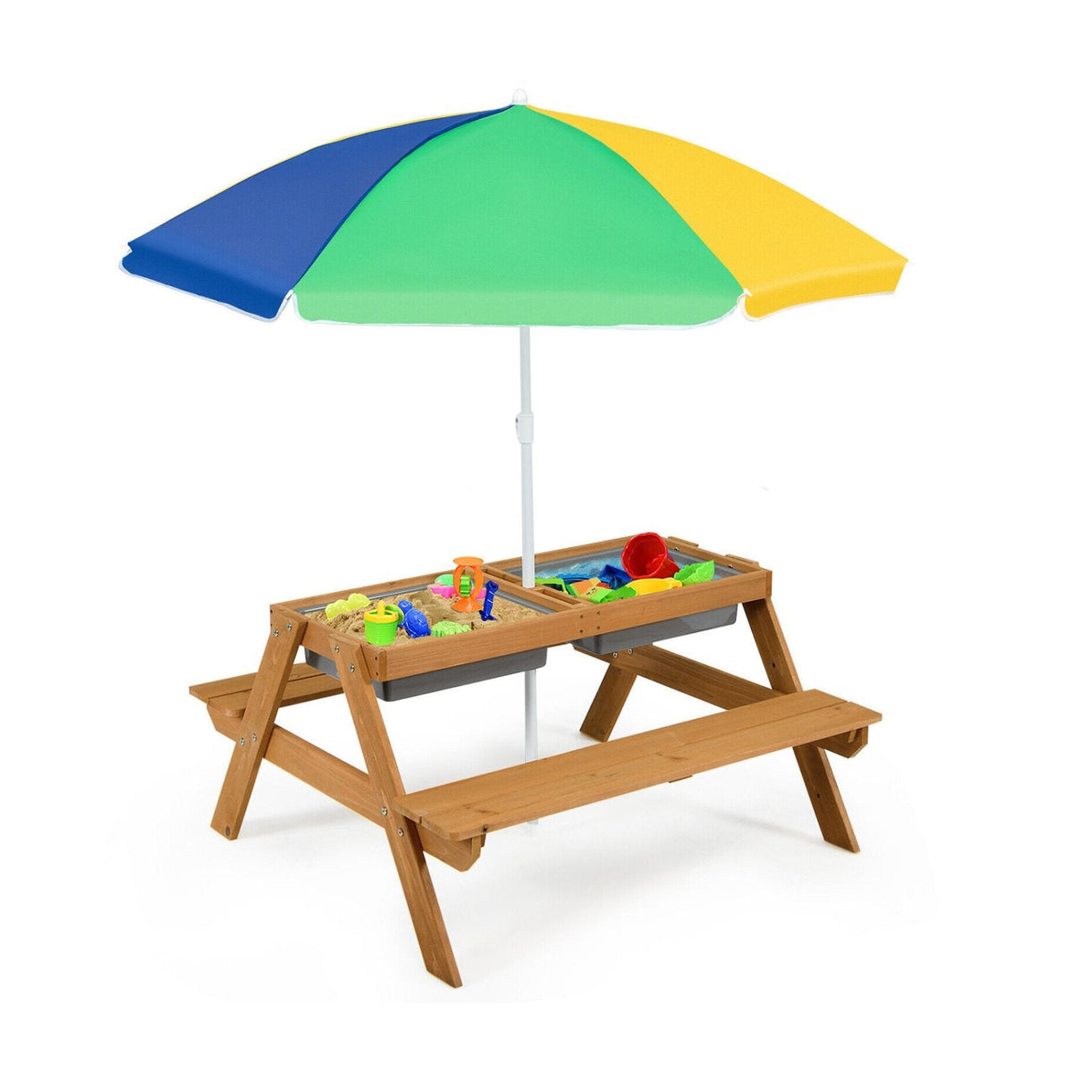 3 in 1 Kids Outdoor Picnic Table with Water and Sand Play Boxes and Umbrella, Multicolour