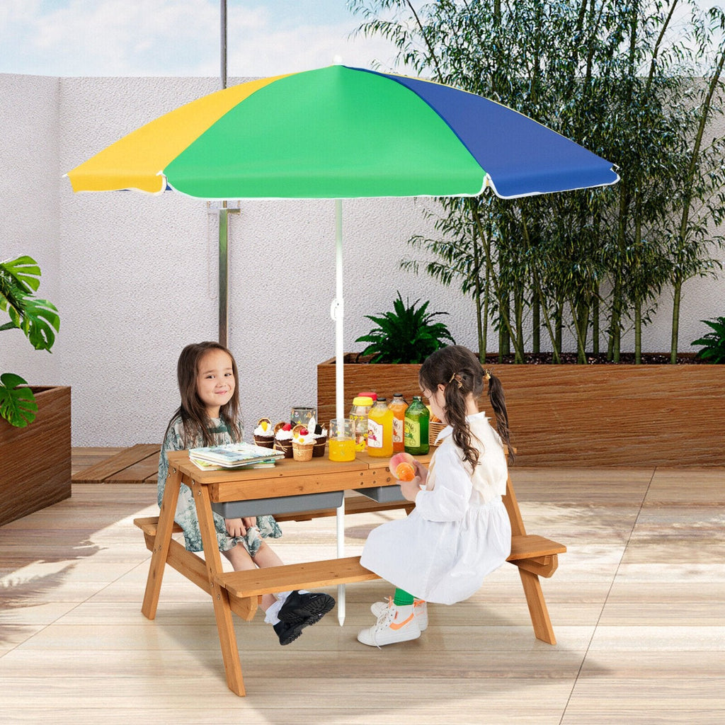 3 in 1 Kids Outdoor Picnic Table with Water and Sand Play Boxes and Umbrella, Multicolour