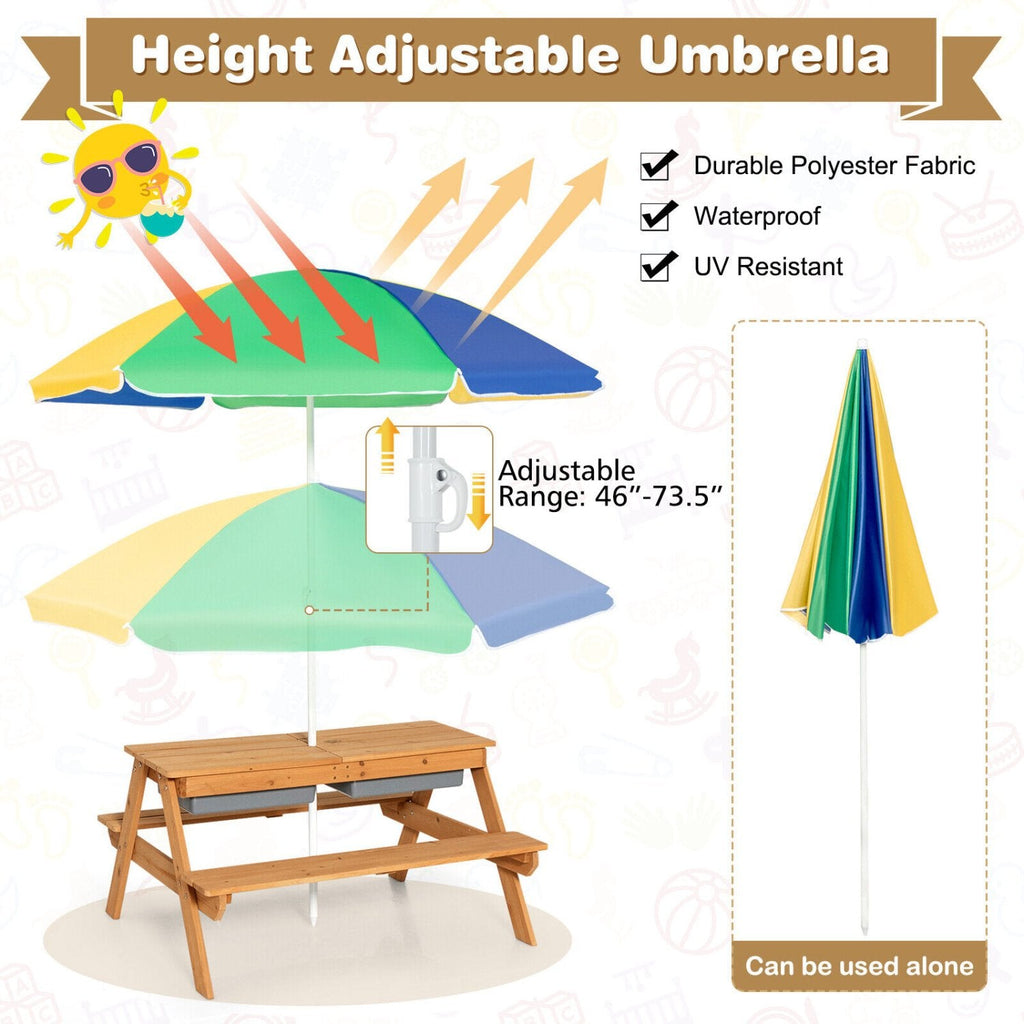 3 in 1 Kids Outdoor Picnic Table with Water and Sand Play Boxes and Umbrella, Multicolour