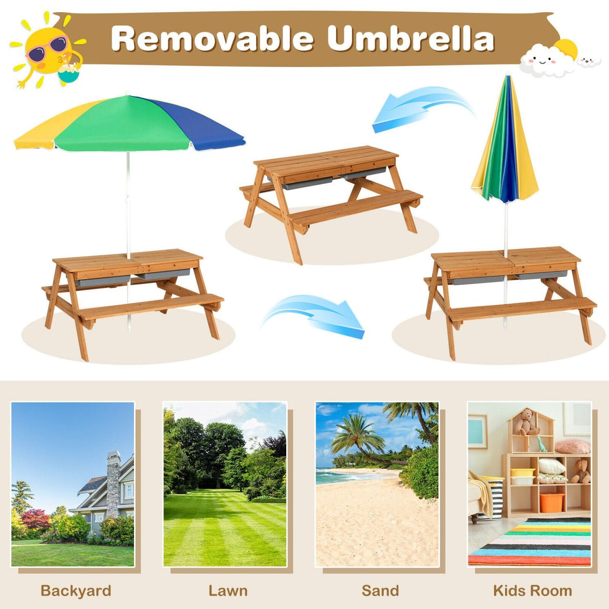 3 in 1 Kids Outdoor Picnic Table with Water and Sand Play Boxes and Umbrella, Multicolour