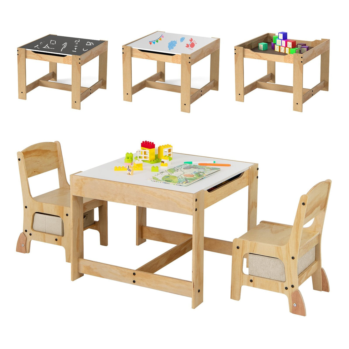 3 in 1 Kids Table and Chair Set with Removable Tabletop and 2 Storage Drawers-Natural