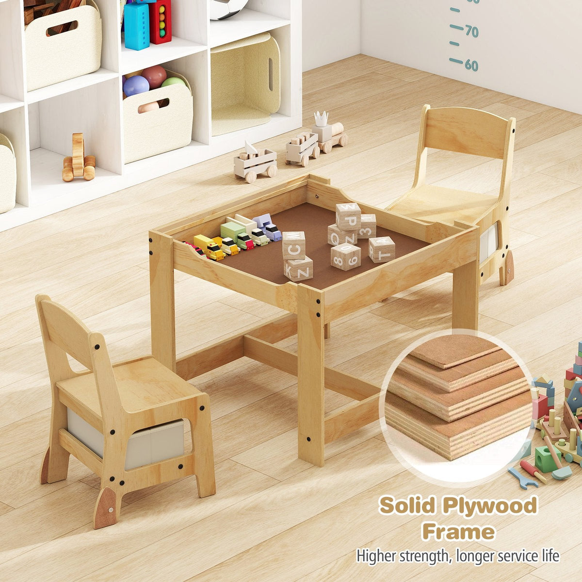3 in 1 Kids Table and Chair Set with Removable Tabletop and 2 Storage Drawers-Natural