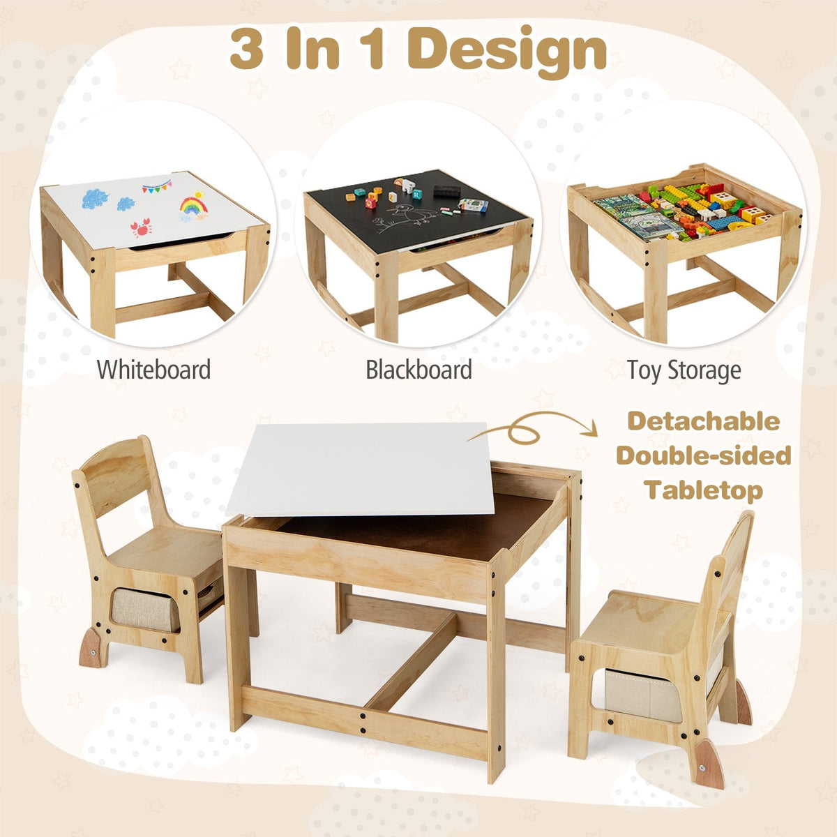 3 in 1 Kids Table and Chair Set with Removable Tabletop and 2 Storage Drawers-Natural