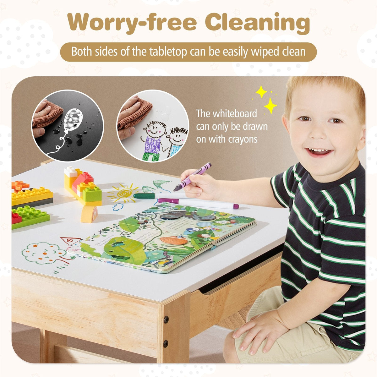 3 in 1 Kids Table and Chair Set with Removable Tabletop and 2 Storage Drawers-Natural