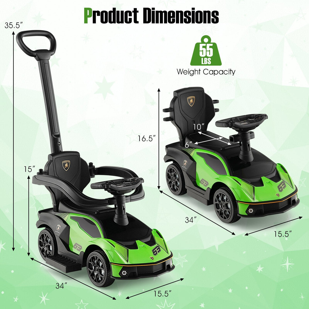 3-in-1 Licensed Lamborghini Ride on Push Car with Handle Guardrail-Green