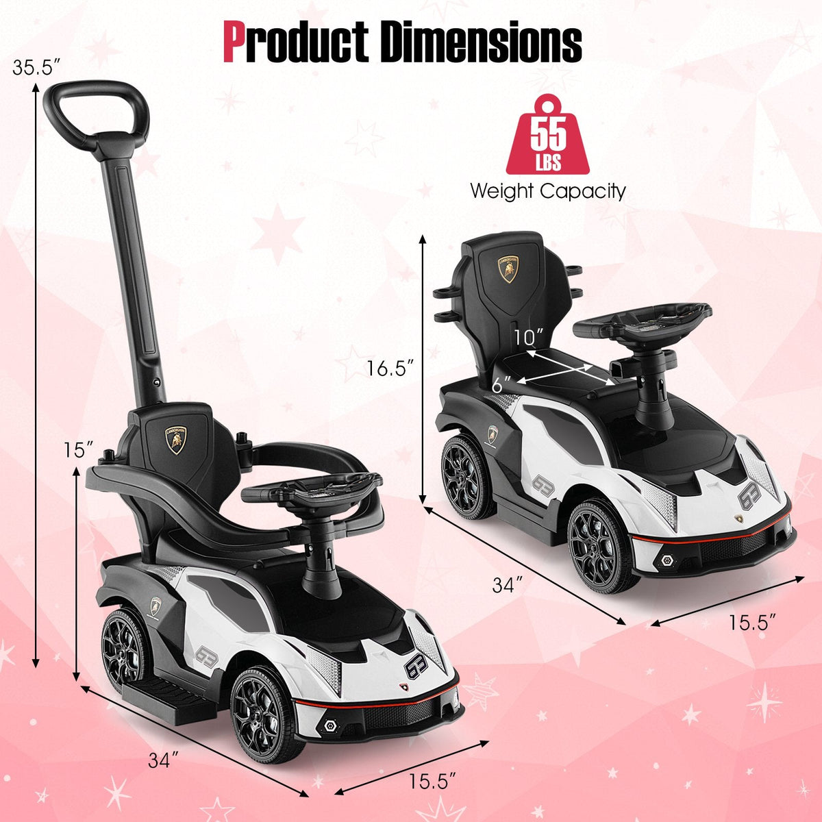 3-in-1 Licensed Lamborghini Ride on Push Car with Handle Guardrail-White