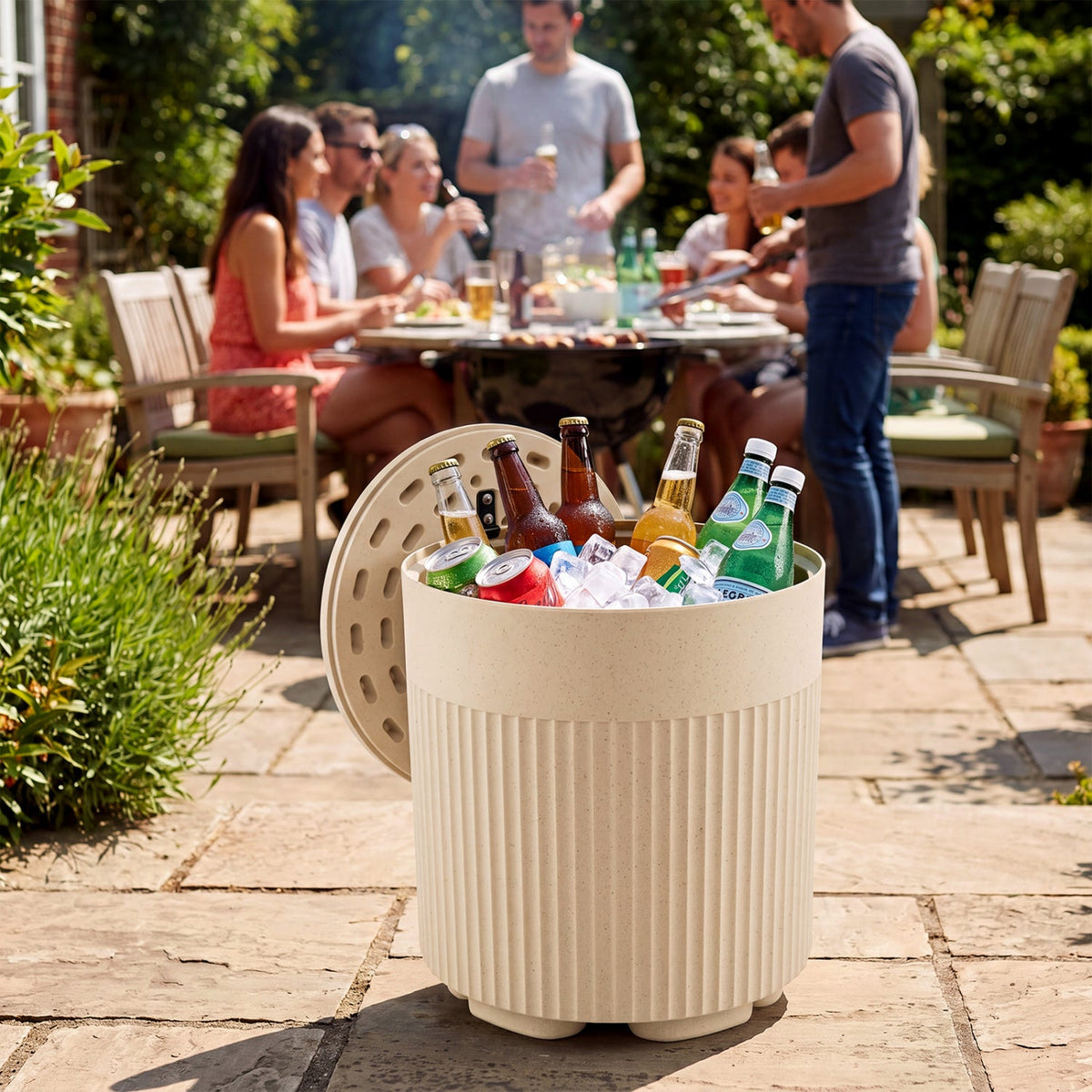 3-in-1 Outdoor Cooler Side Table with Fluted Design for Deck-Beige
