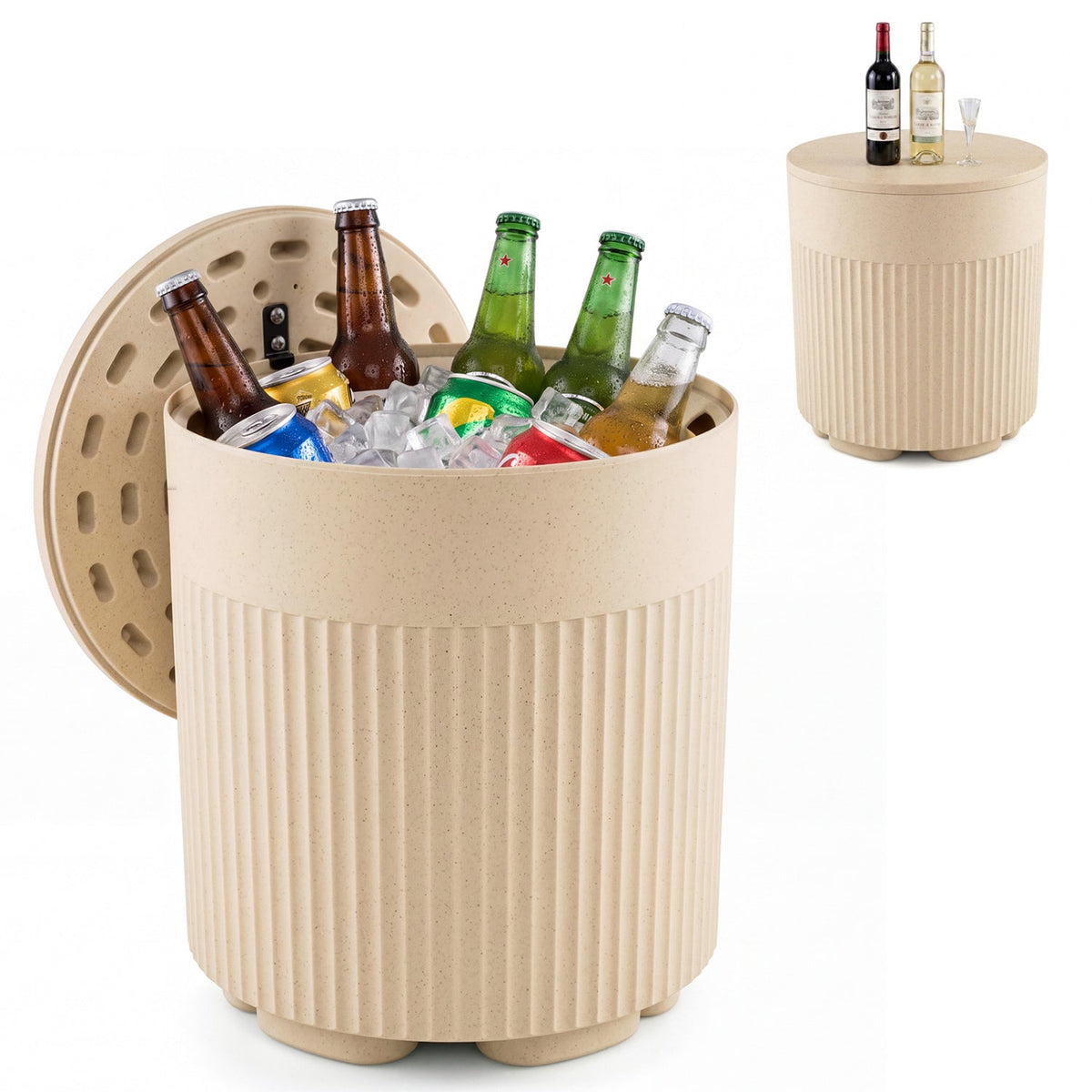 3-in-1 Outdoor Cooler Side Table with Fluted Design for Deck-Beige