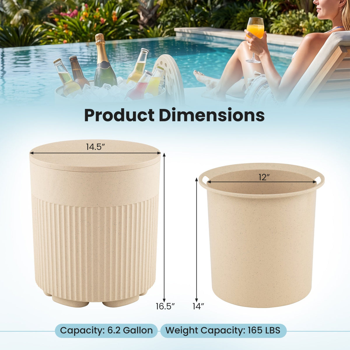 3-in-1 Outdoor Cooler Side Table with Fluted Design for Deck-Beige