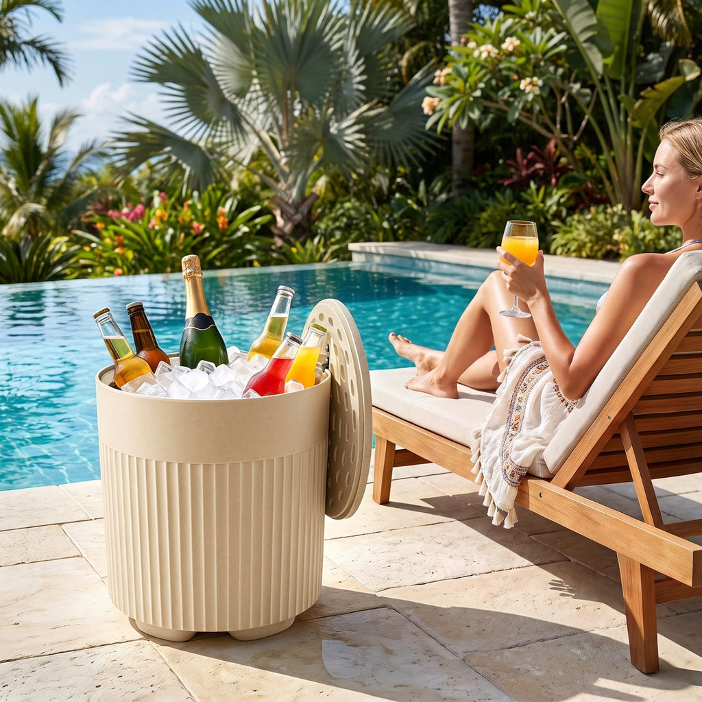 3-in-1 Outdoor Cooler Side Table with Fluted Design for Deck-Beige