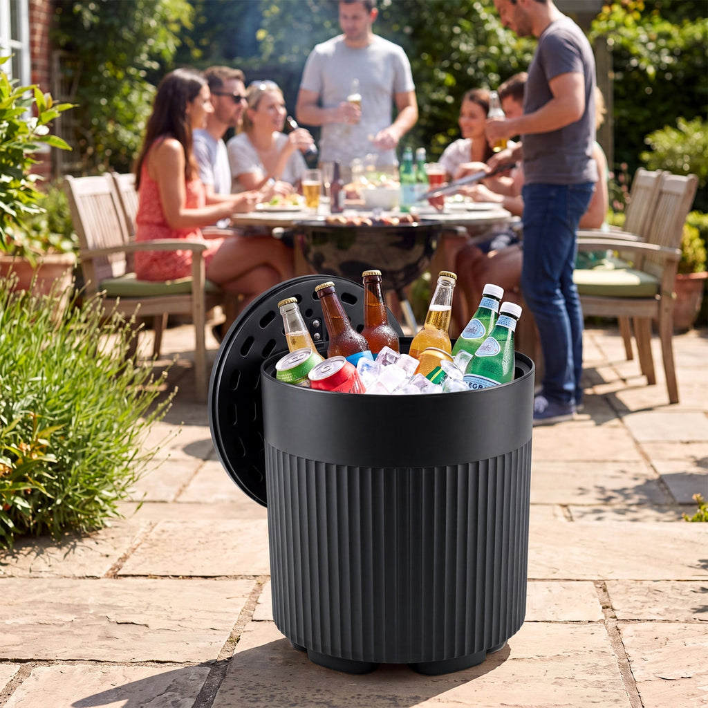 3-in-1 Outdoor Cooler Side Table with Fluted Design for Deck-Black
