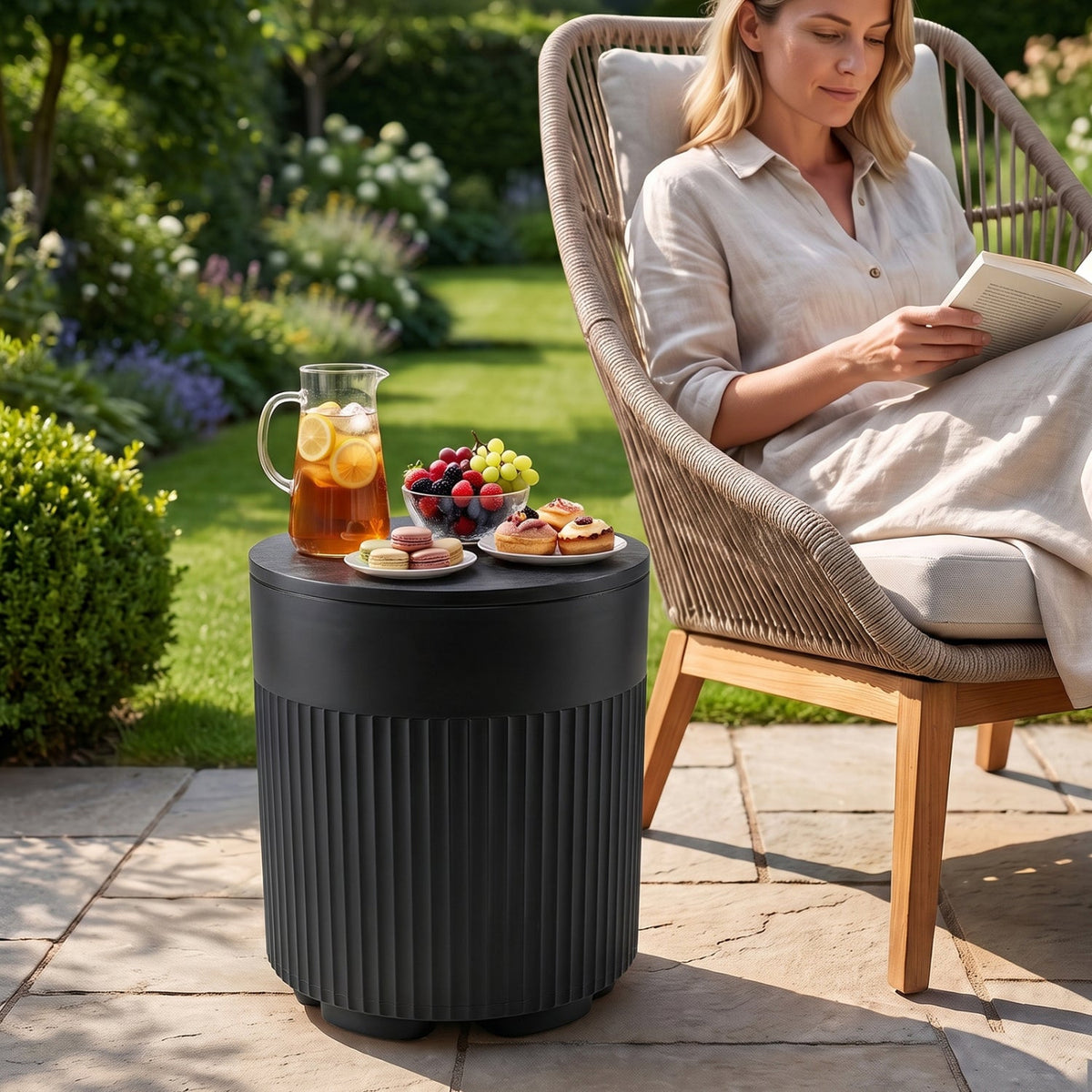 3-in-1 Outdoor Cooler Side Table with Fluted Design for Deck-Black