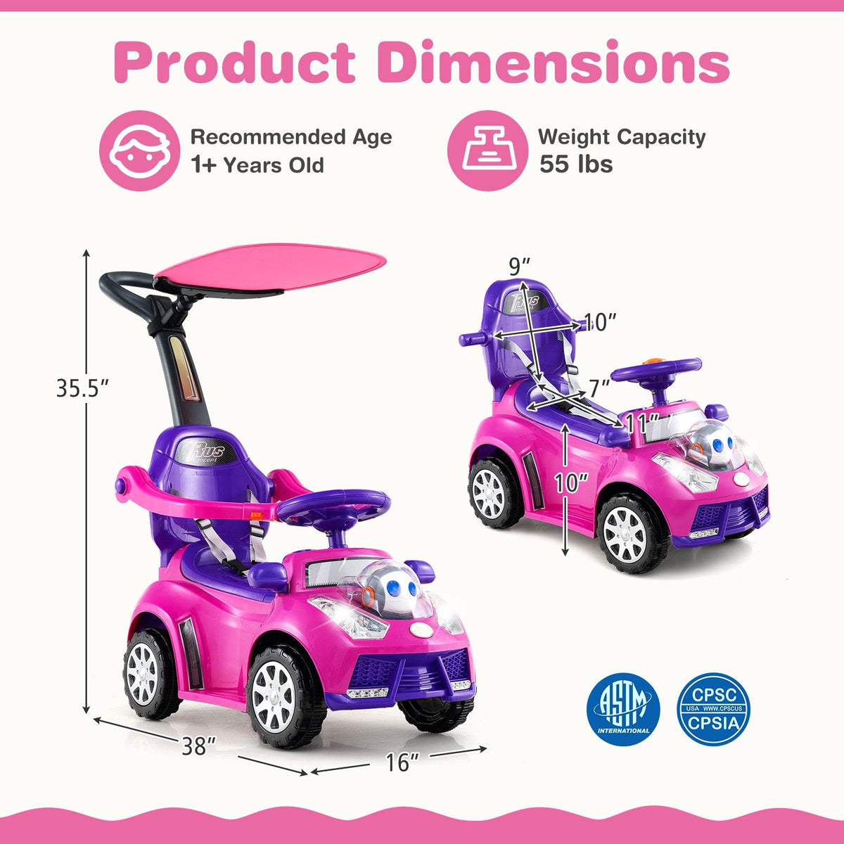 3 in 1 Push Car for Toddler Stroller Sliding Walking Car for Boys and Girls-Pink
