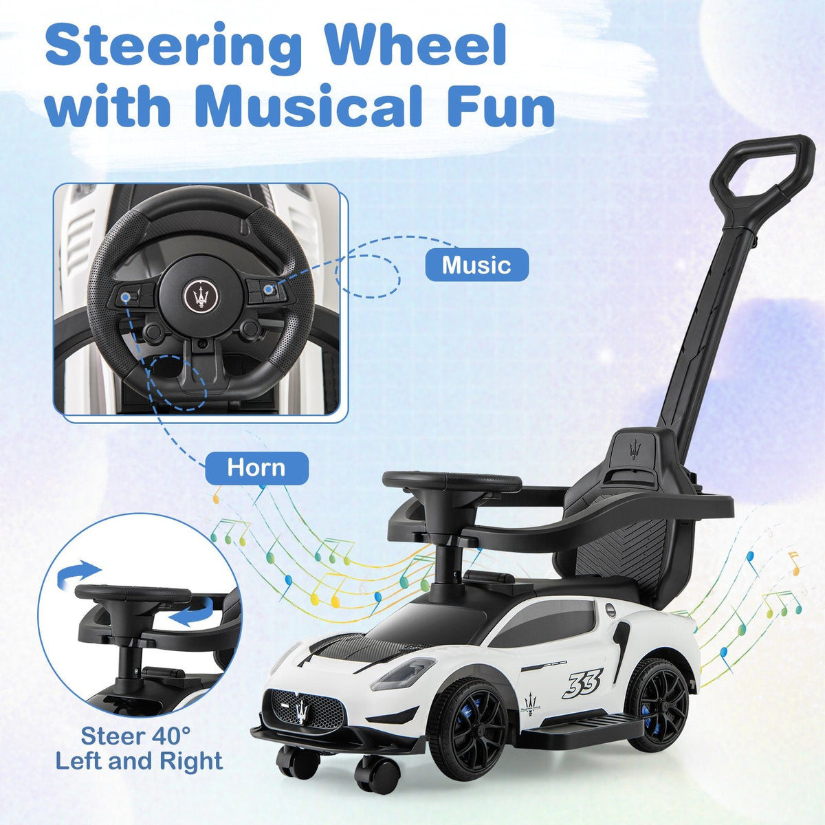3-in-1 Ride on Push Car Maserati Licensed Sliding Car with Music-White