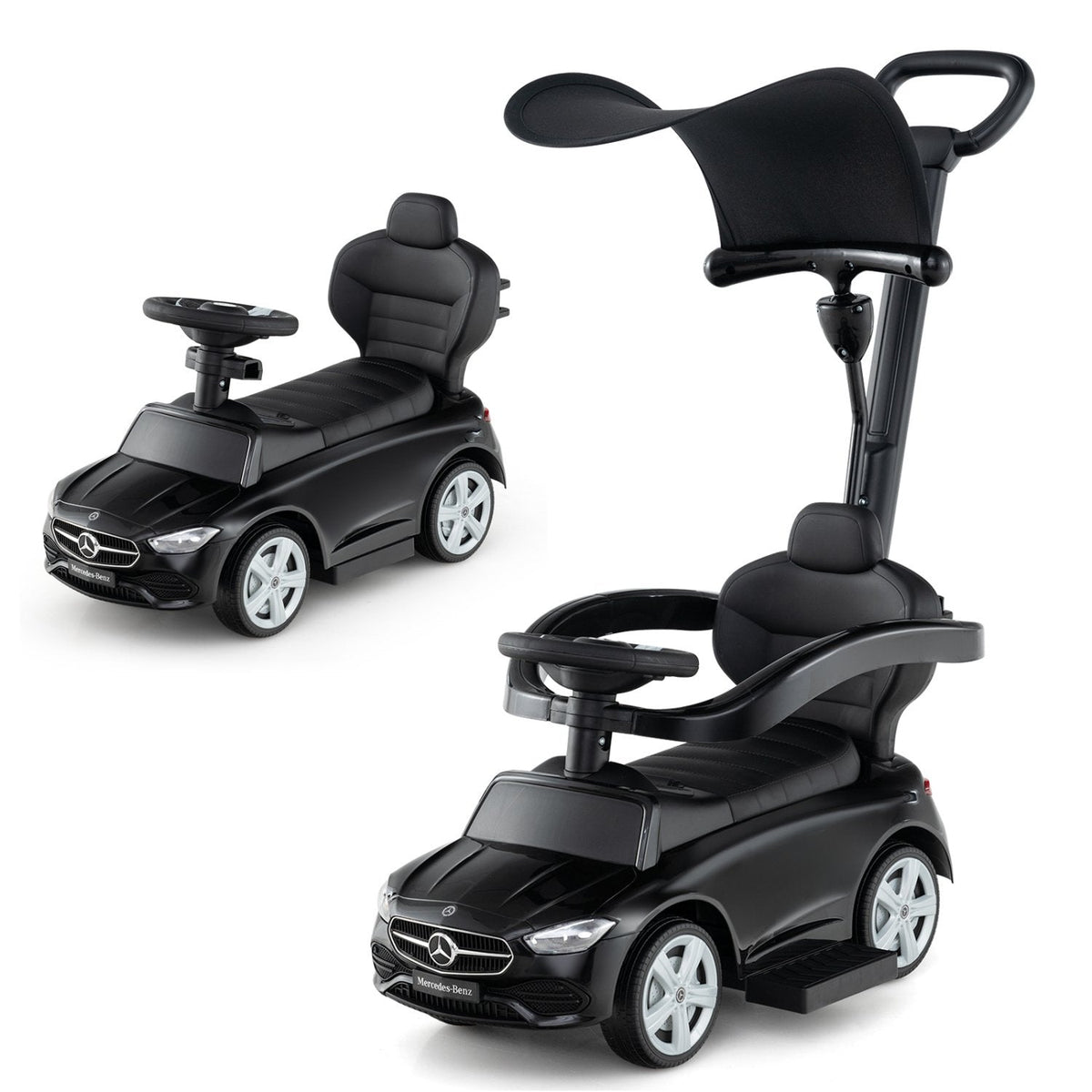3-in-1 Ride on Push Car Mercedes-Benz Licensed Sliding Car with Canopy-Black