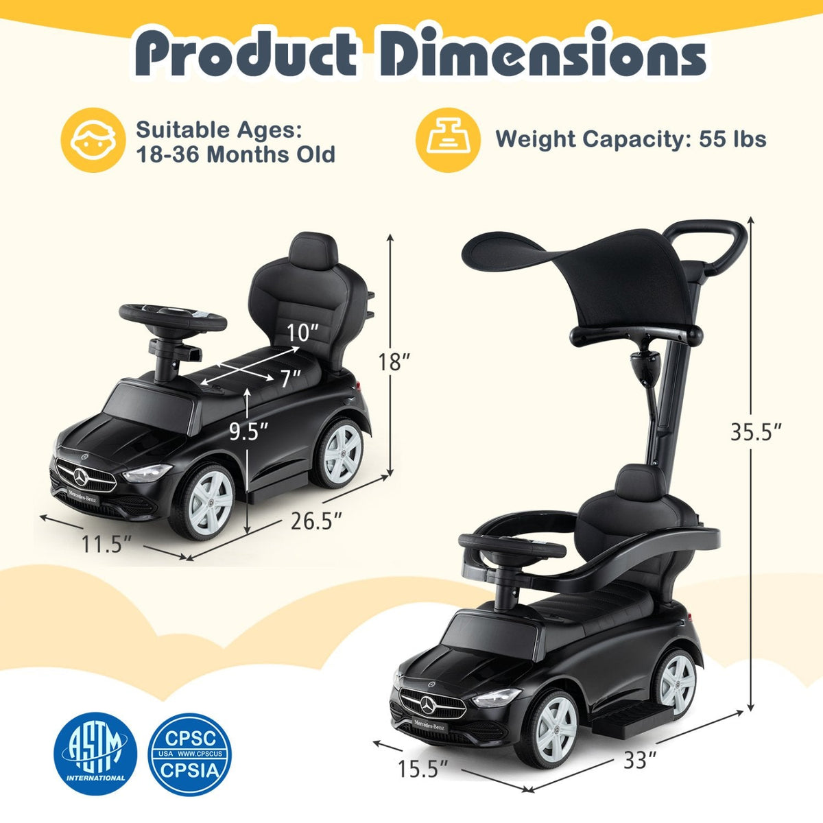 3-in-1 Ride on Push Car Mercedes-Benz Licensed Sliding Car with Canopy-Black