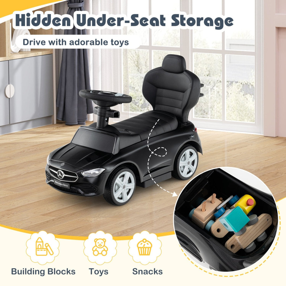 3-in-1 Ride on Push Car Mercedes-Benz Licensed Sliding Car with Canopy-Black