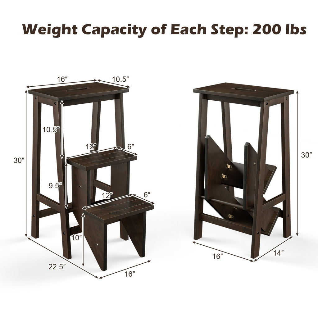 3-in-1 Rubber Wood 3 Tier Folding Step Stool Ladder Storage Shelf-Dark Brown