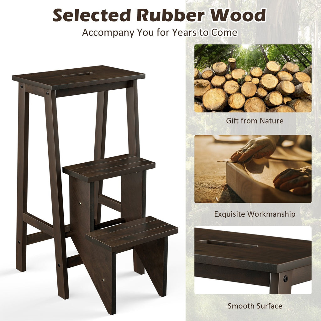 3-in-1 Rubber Wood 3 Tier Folding Step Stool Ladder Storage Shelf-Dark Brown