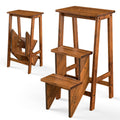 3-in-1 Rubber Wood 3 Tier Folding Step Stool Ladder Storage Shelf-Brown