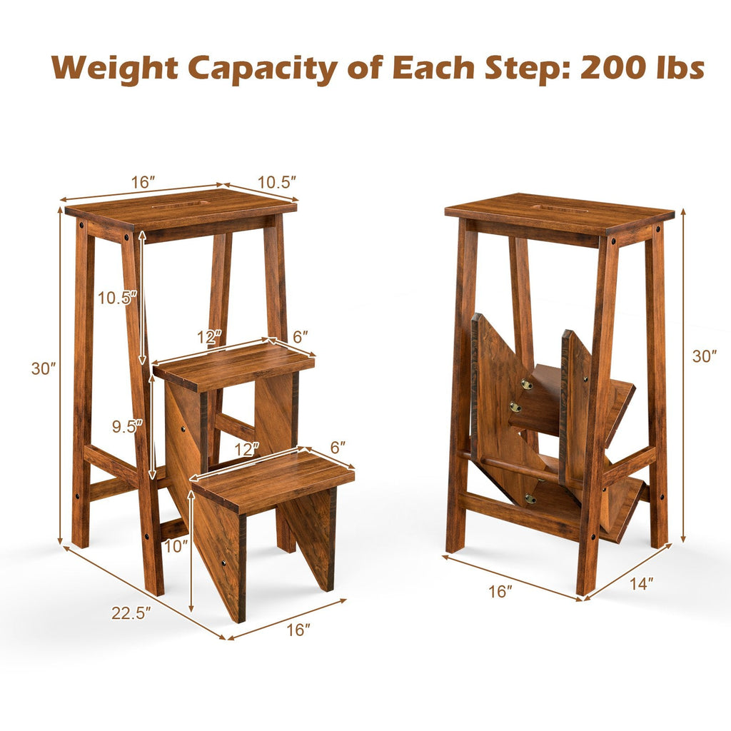 3-in-1 Rubber Wood 3 Tier Folding Step Stool Ladder Storage Shelf-Brown