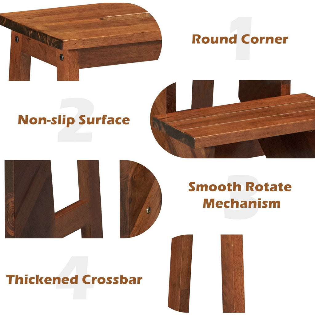 3-in-1 Rubber Wood 3 Tier Folding Step Stool Ladder Storage Shelf-Brown