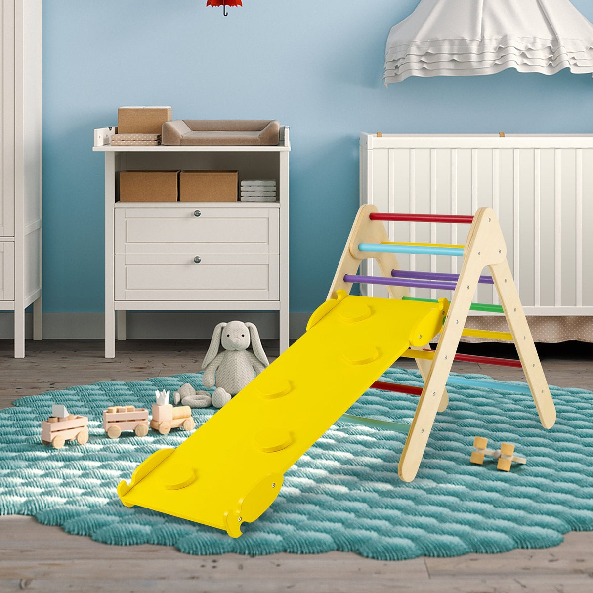 Patented 3-in-1 Wooden Climbing Triangle Set Triangle Climber with Ramp-Multicolor
