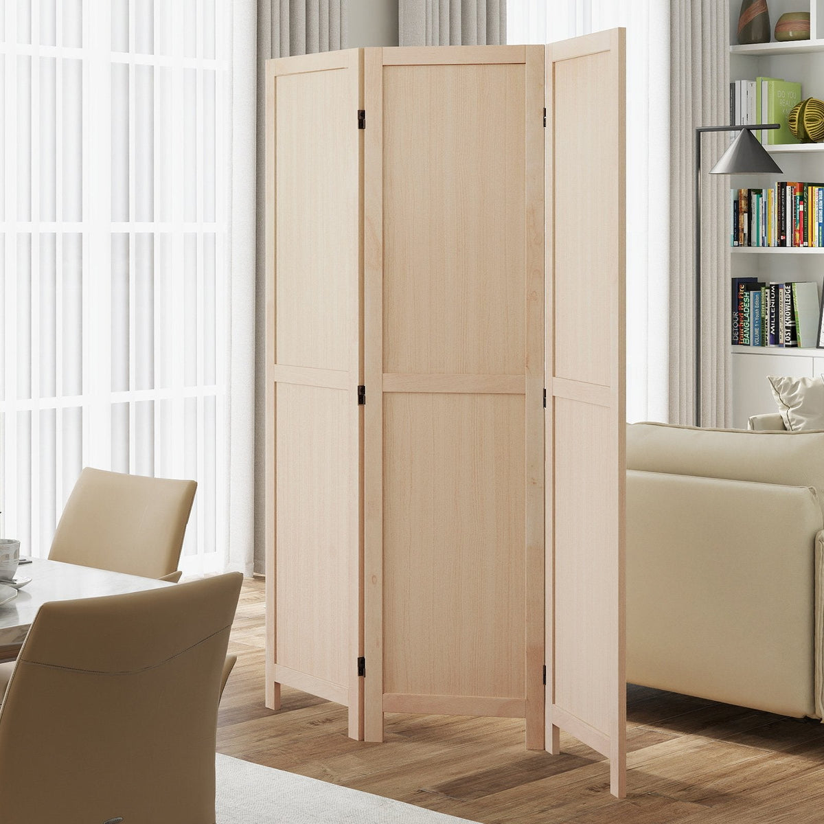 3 Panel Folding Room Divider for Home Office Bedroom Restaurant-Beige