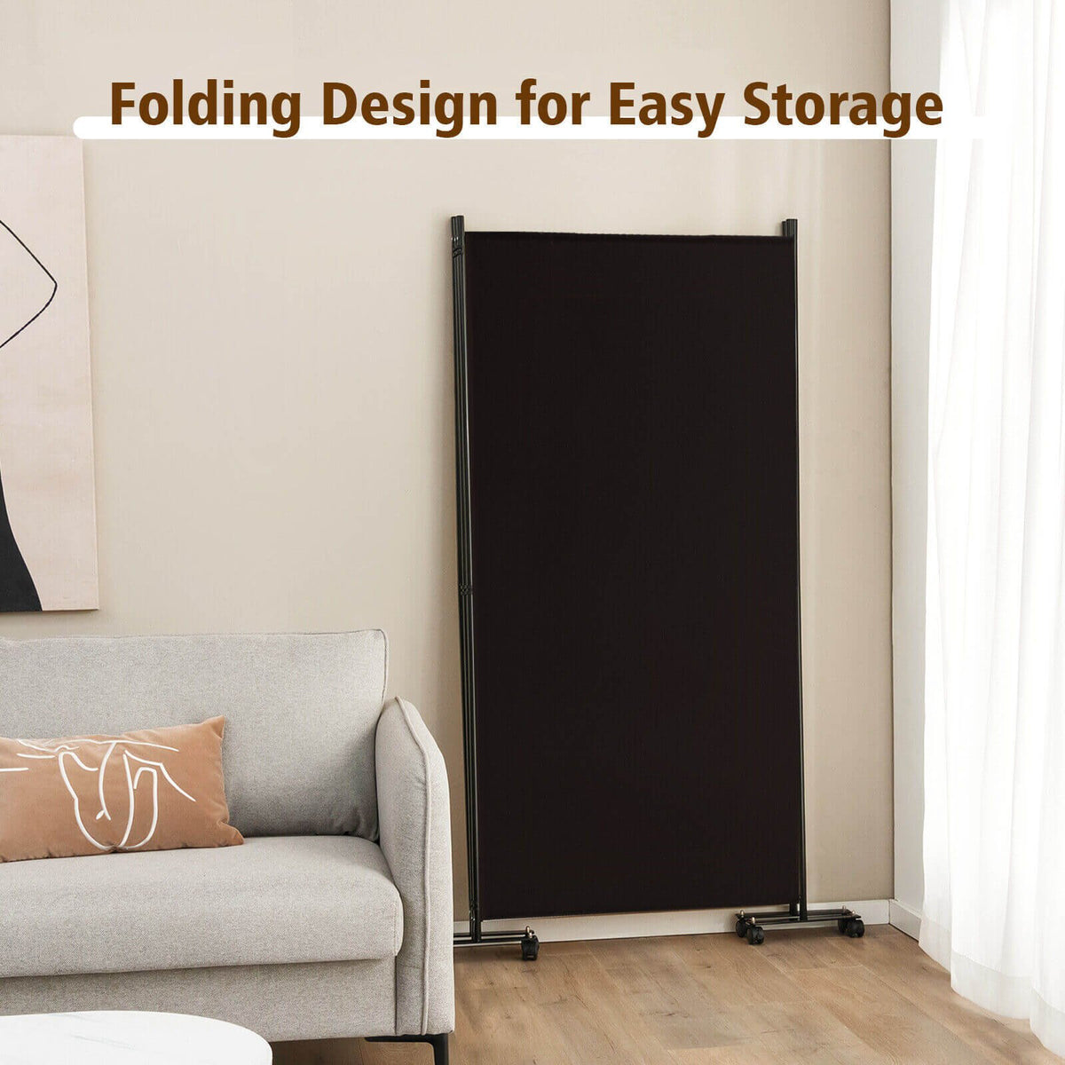 3 Panel Folding Room Divider with Lockable Wheels-Brown