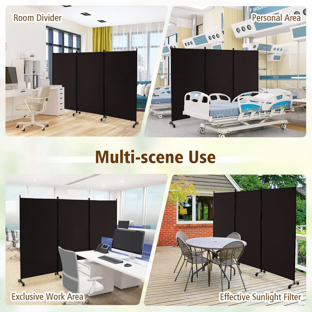 3 Panel Folding Room Divider with Lockable Wheels-Brown