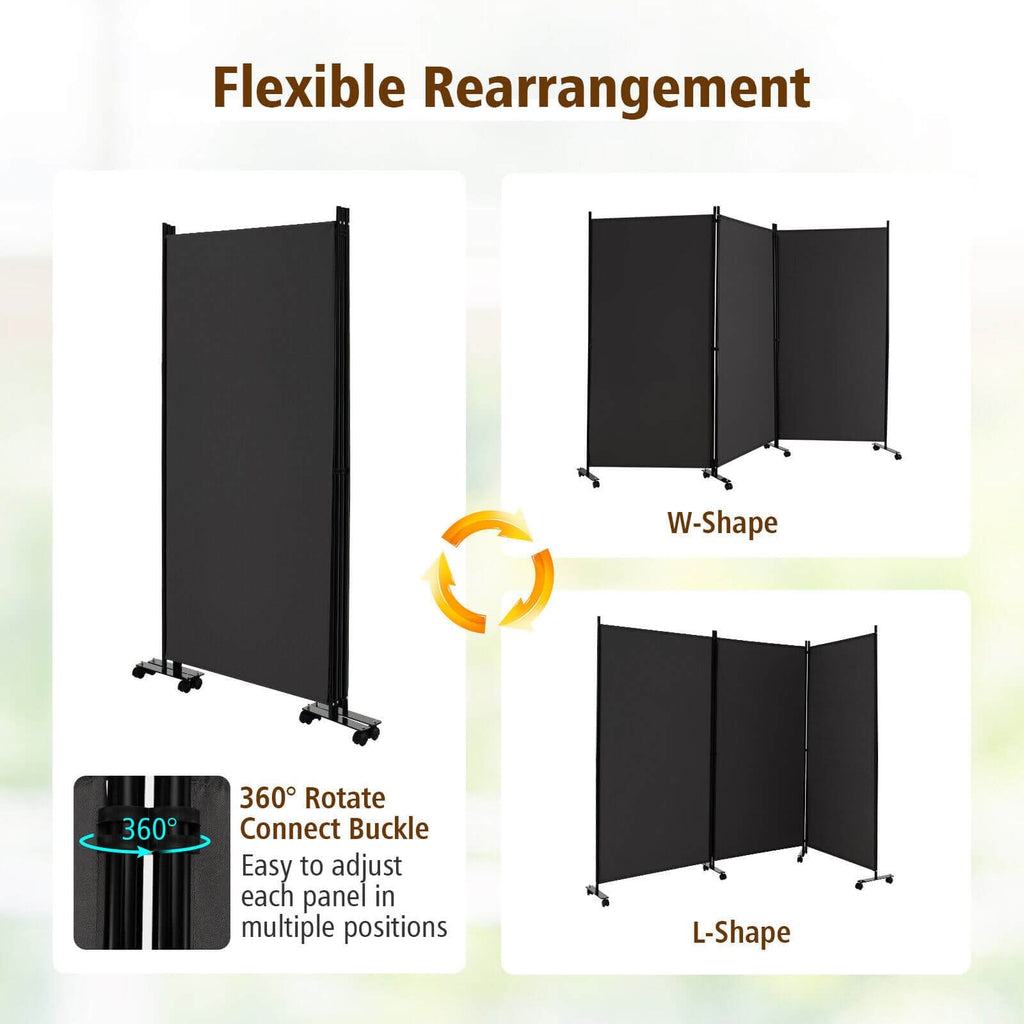 3 Panel Folding Room Divider with Lockable Wheels-Gray