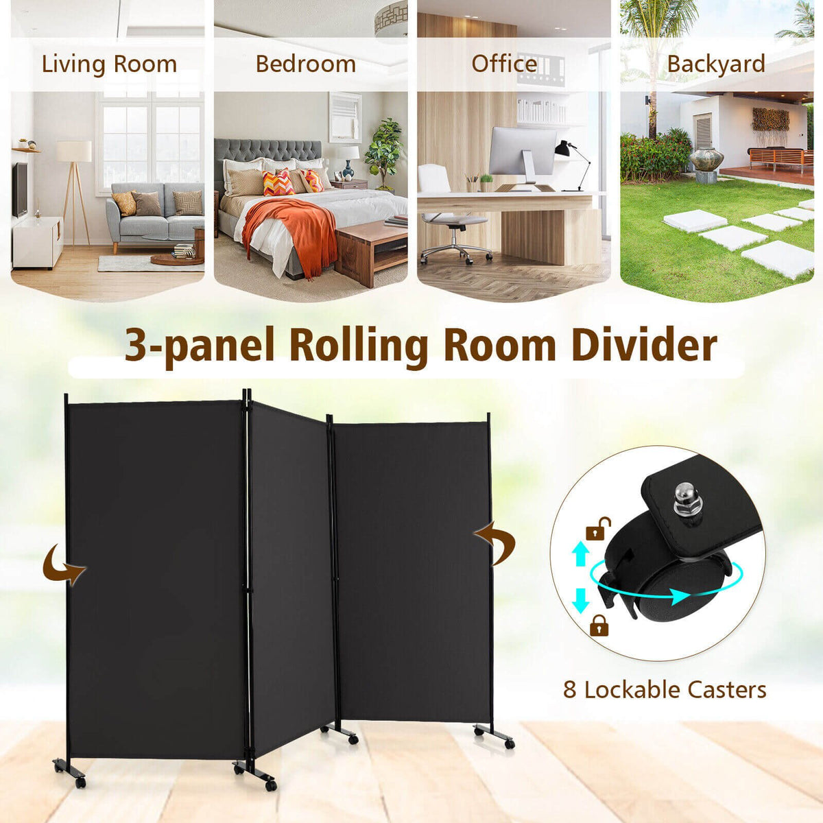 3 Panel Folding Room Divider with Lockable Wheels-Gray