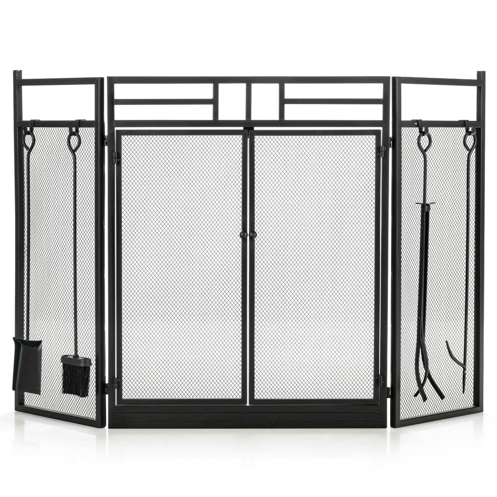3-Panel Folding Wrought Iron Fireplace Screen with 4 Pieces Tools Set-Black