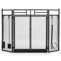 3-Panel Folding Wrought Iron Fireplace Screen with 4 Pieces Tools Set-Black