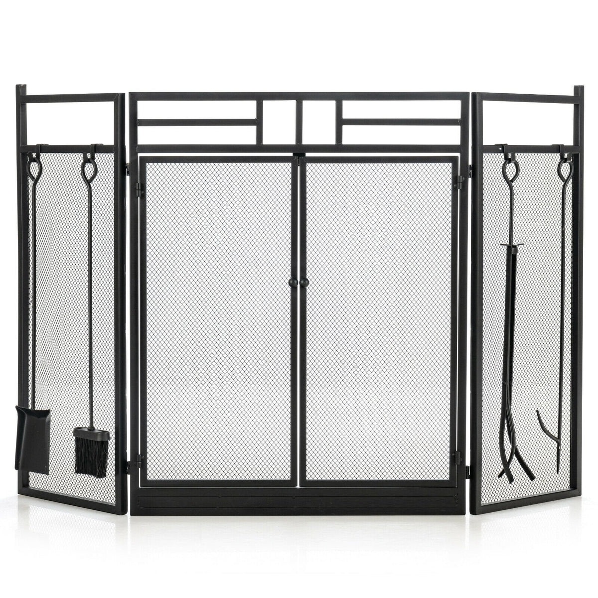 3-Panel Folding Wrought Iron Fireplace Screen with 4 Pieces Tools Set-Black