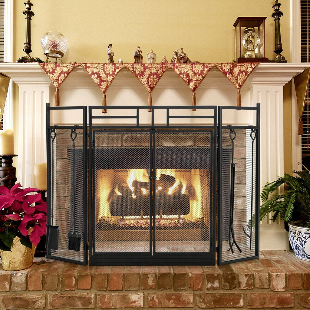 3-Panel Folding Wrought Iron Fireplace Screen with 4 Pieces Tools Set-Black