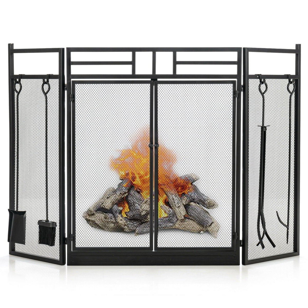3-Panel Folding Wrought Iron Fireplace Screen with 4 Pieces Tools Set-Black