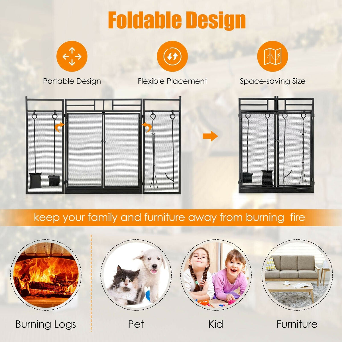 3-Panel Folding Wrought Iron Fireplace Screen with 4 Pieces Tools Set-Black