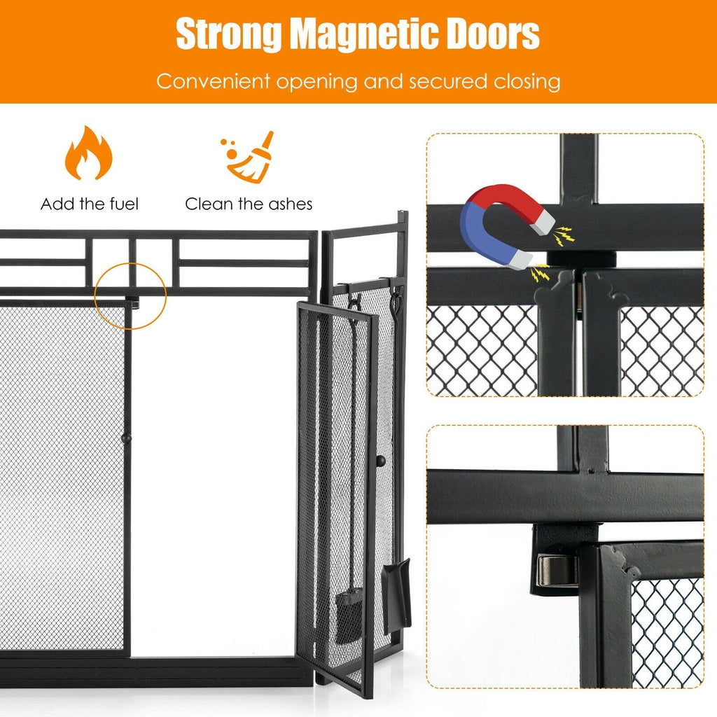 3-Panel Folding Wrought Iron Fireplace Screen with 4 Pieces Tools Set-Black