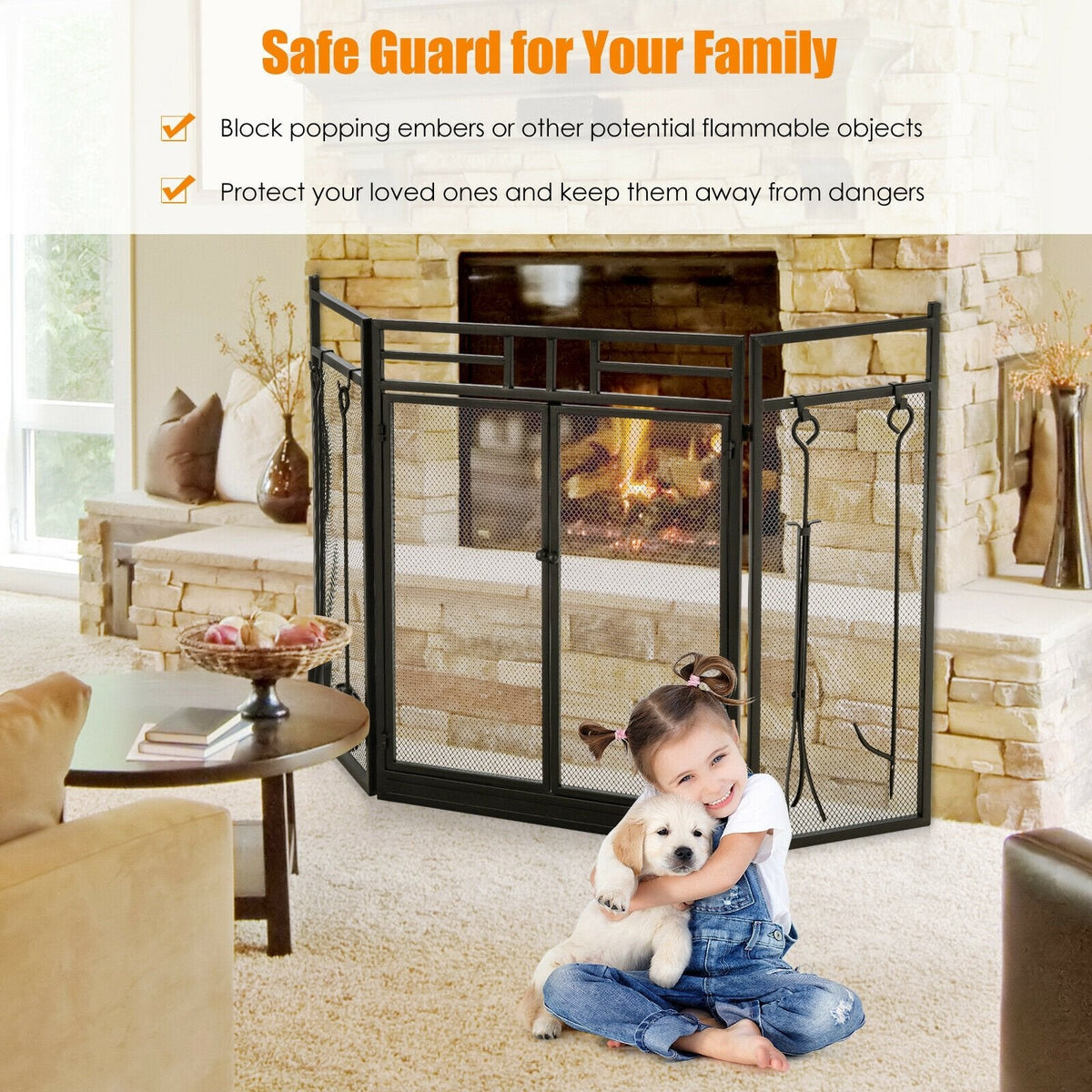 3-Panel Folding Wrought Iron Fireplace Screen with 4 Pieces Tools Set-Black