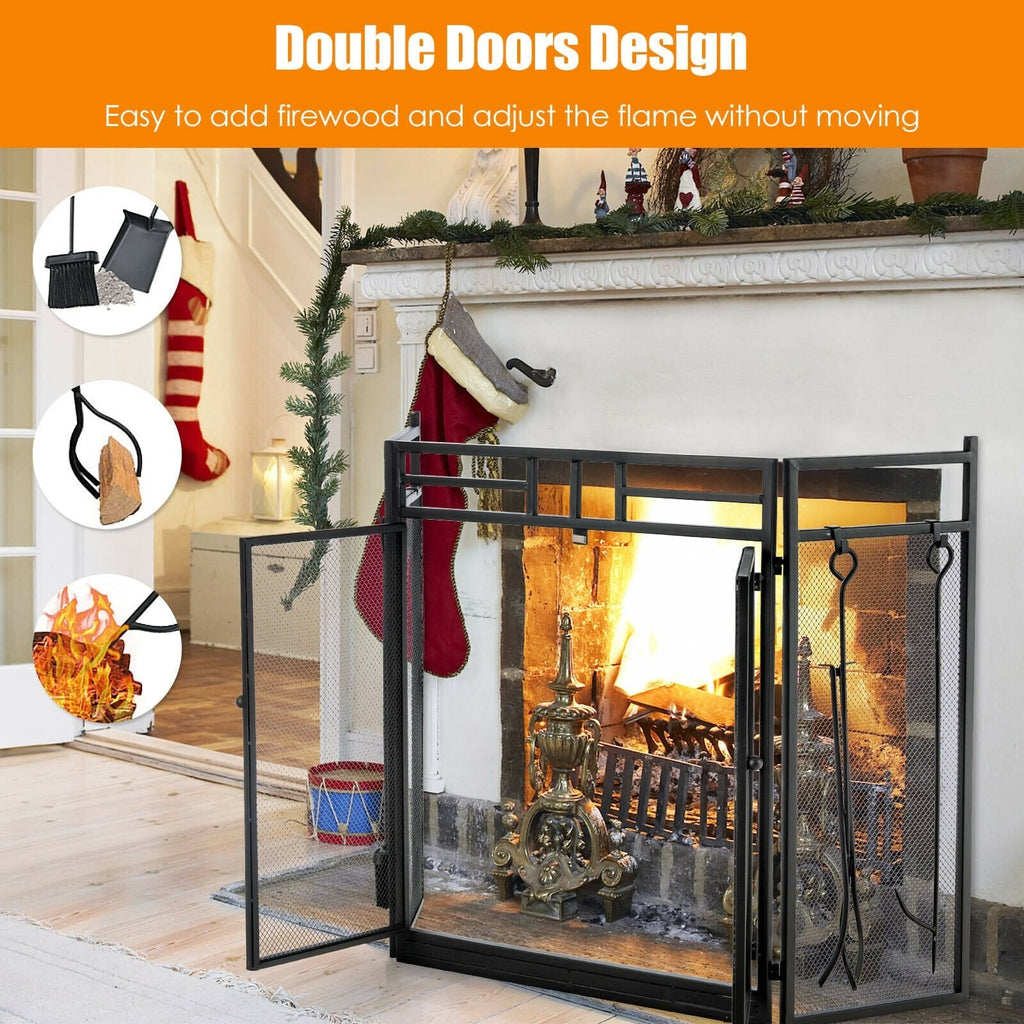 3-Panel Folding Wrought Iron Fireplace Screen with 4 Pieces Tools Set-Black