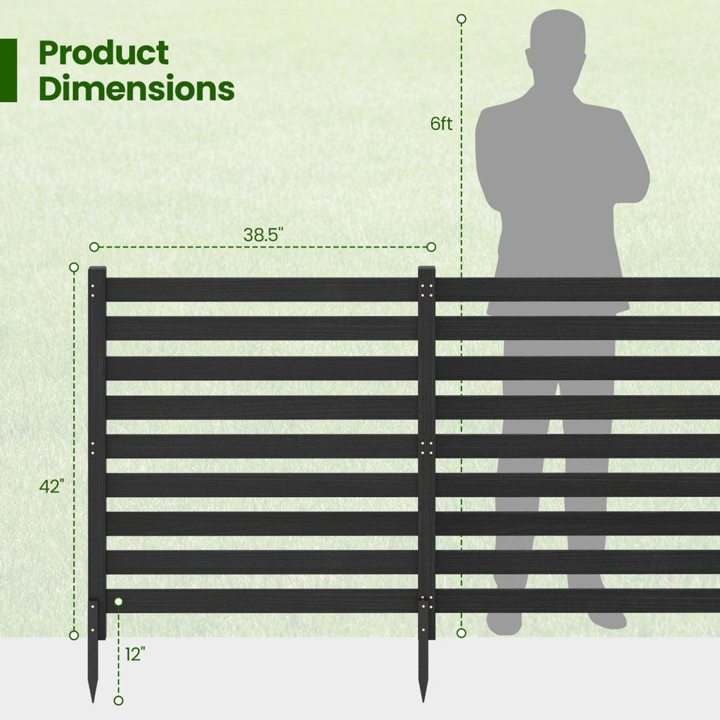 3-Panel Wooden Outdoor Privacy Fence with Ground Stakes-Black