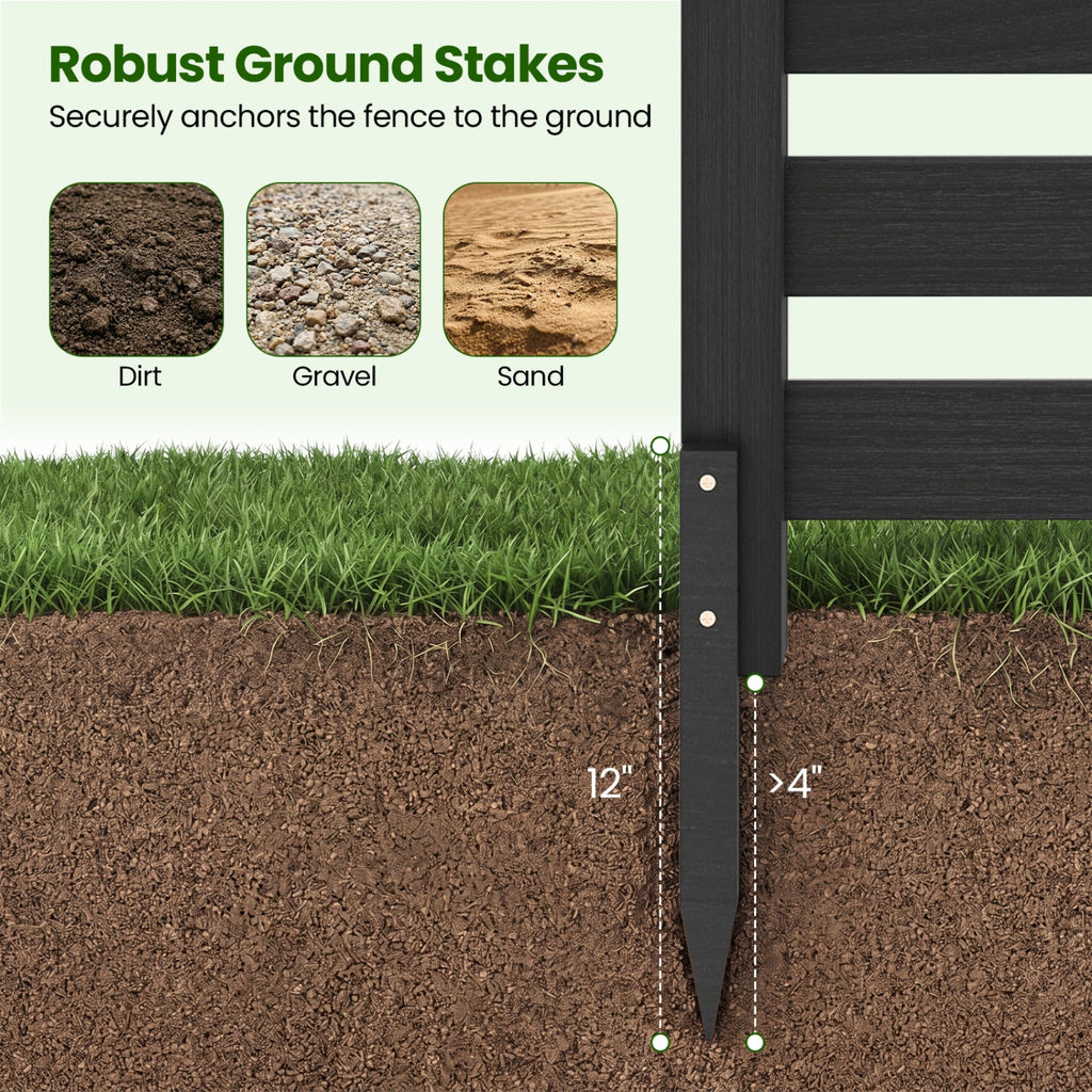 3-Panel Wooden Outdoor Privacy Fence with Ground Stakes-Black