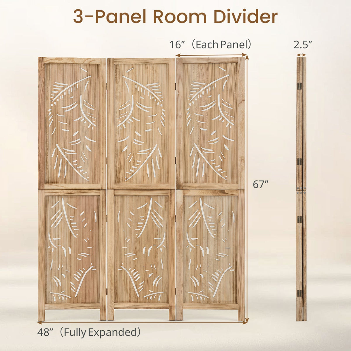 3-Panel Wooden Room Divider with Palm Leaf Design & Paulownia Frame for Home