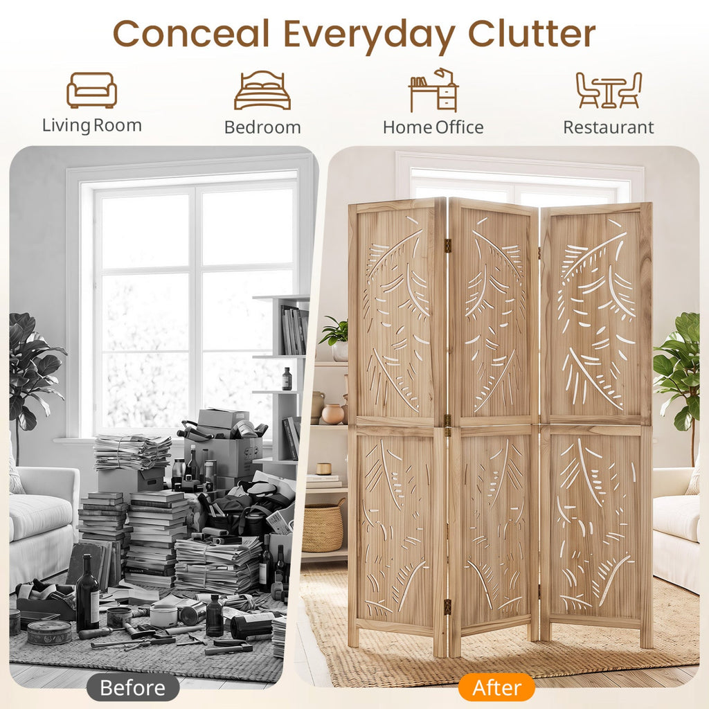 3-Panel Wooden Room Divider with Palm Leaf Design & Paulownia Frame for Home
