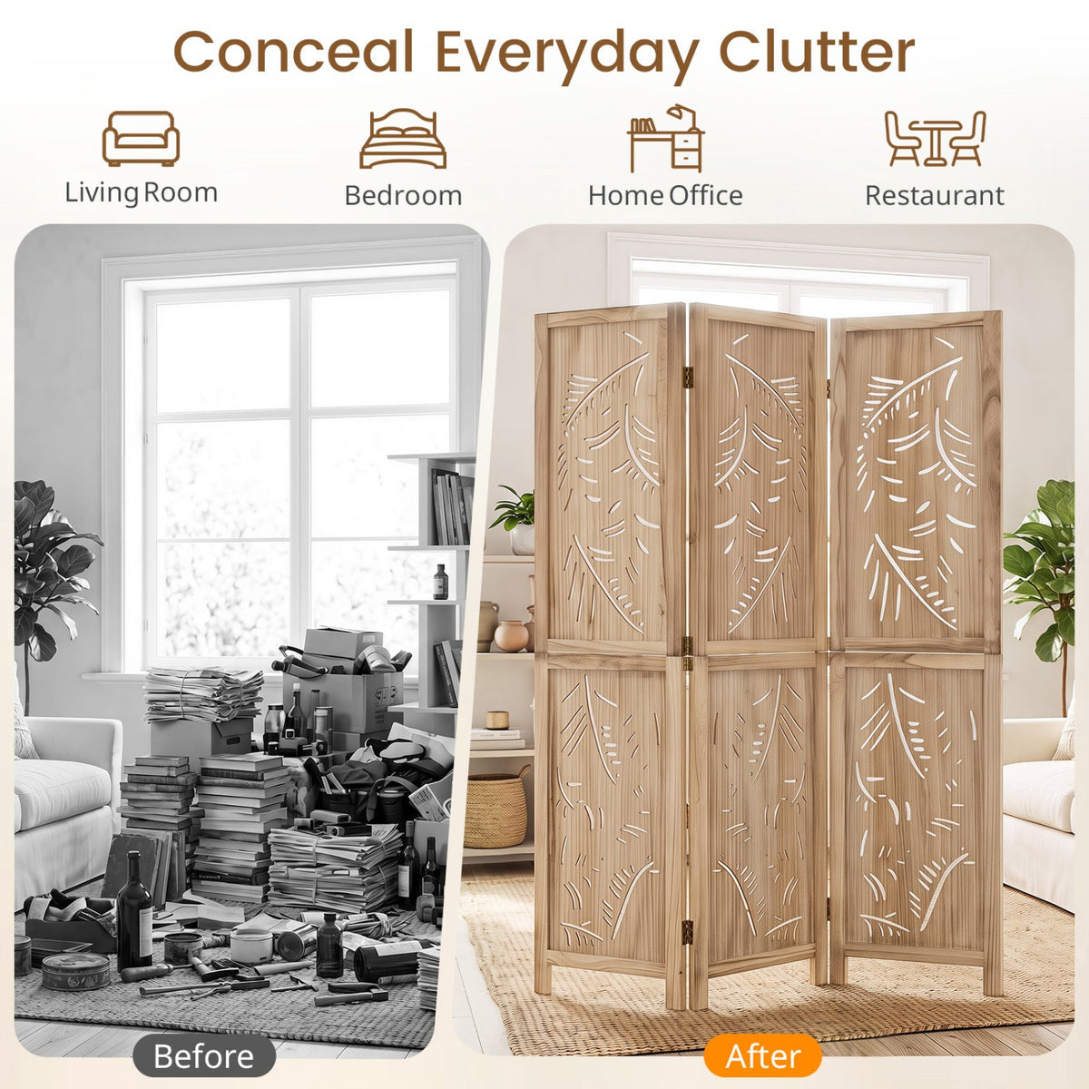 3-Panel Wooden Room Divider with Palm Leaf Design & Paulownia Frame for Home