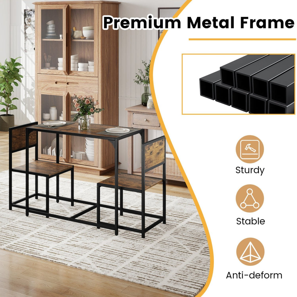 3 Pcs Dining Set Compact Table and 2 Chair with Metal Frame for for Small Space-Coffee